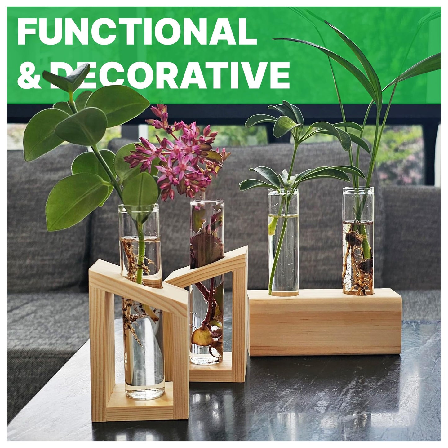Plant Propagation Station - 3-Piece Wooden Stand with 4 Glass Test Tubes, Terrarium Vases for Plants, Hydroponic Propagation Planter for Home office Decor, Plant Lover Gift.