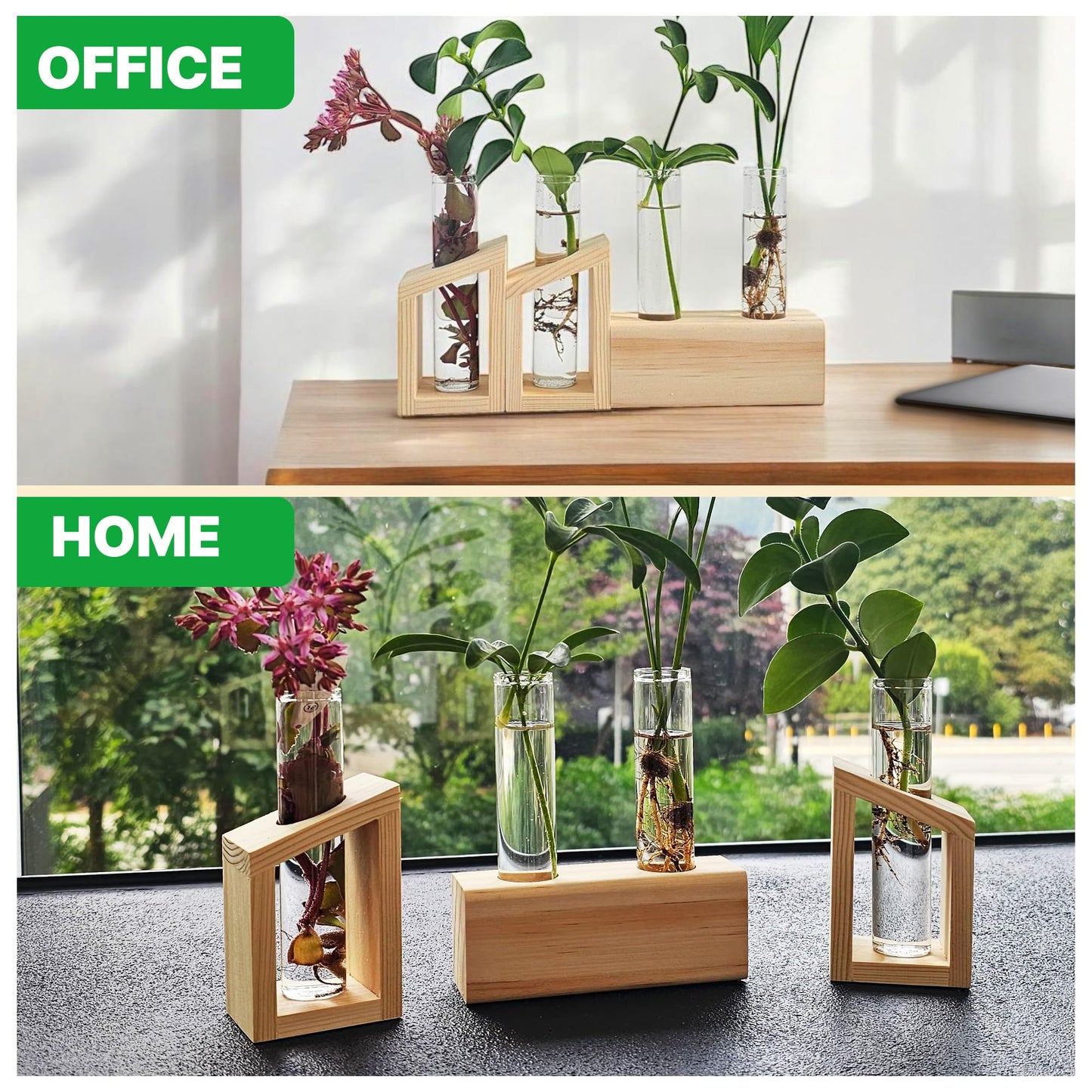 Plant Propagation Station - 3-Piece Wooden Stand with 4 Glass Test Tubes, Terrarium Vases for Plants, Hydroponic Propagation Planter for Home office Decor, Plant Lover Gift.